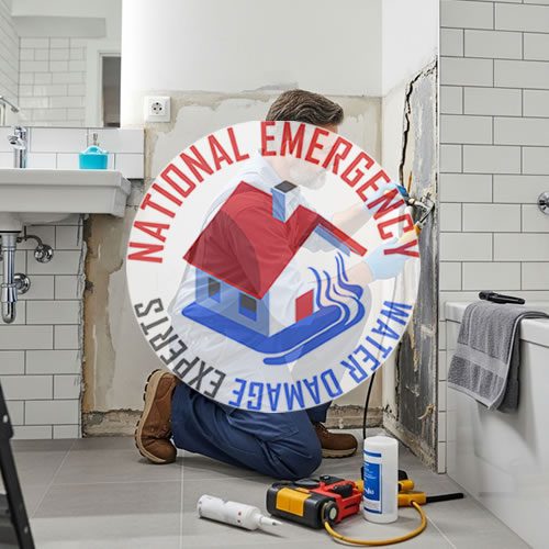 Man kneeling in a bathroom, assessing water damage on wall, with tools and cleaning supplies nearby, featuring National Emergency Water Damage Experts logo.