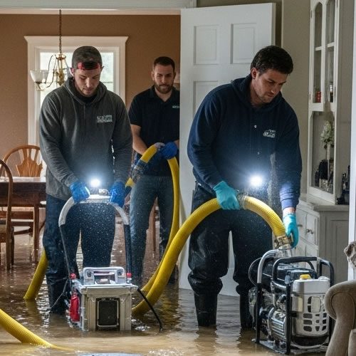 Water damage restoration team using equipment to remove water from a flooded home in East Perrine, FL.