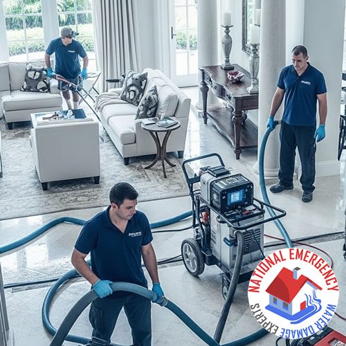 Technicians from National Emergency Water Damage Experts performing water damage restoration in a Bal Harbour home, using specialized equipment to remove water from a flooded living room.