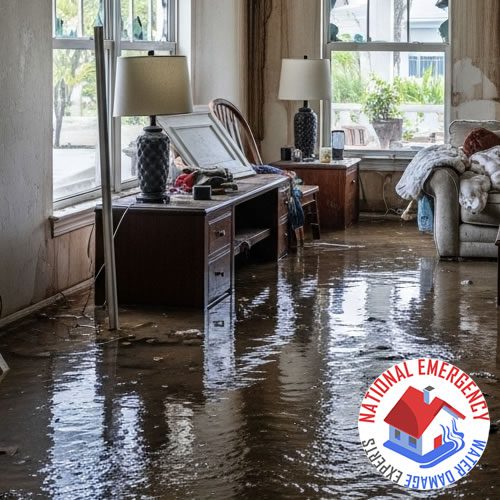 Flooded interior of a Bay Harbor Islands home with standing water, damaged furniture, and National Emergency Water Damage Experts logo, illustrating the urgency of water damage restoration services.