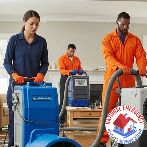 Emergency water damage restoration team using industrial equipment in a residential setting, featuring National Emergency Water Damage Experts logo, highlighting prompt response and professional service in Biscayne Park, FL.