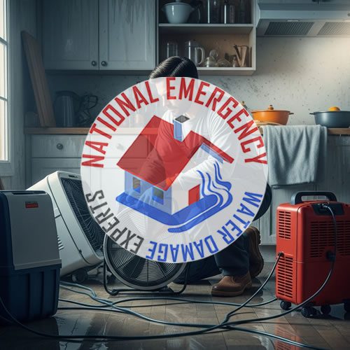 Water damage restoration equipment in a kitchen setting, featuring dehumidifiers and a water extraction machine, with a person managing the cleanup process, overlaid with the National Emergency Water Damage Experts logo.