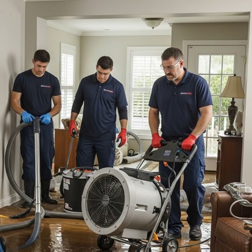 Three water damage restoration professionals using equipment to remove water from a flooded living room in Country Club, FL, showcasing National Emergency Water Damage Experts' rapid response service.