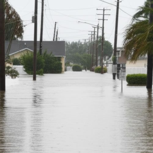 Flooded street in Broward County, submerged homes and power lines, illustrating the risk of water damage during heavy rainfall and emergencies.