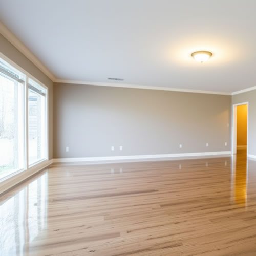 Empty room with polished hardwood floors, large windows allowing natural light, and neutral-colored walls, representing a space ready for water damage restoration services.
