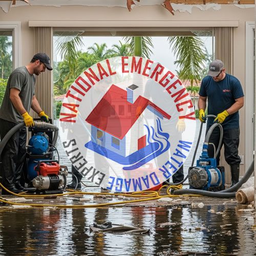 Water damage restoration professionals using pumps in flooded Boca Raton home, showcasing National Emergency Water Damage Experts logo.