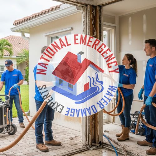 Team of water damage restoration experts from National Emergency Water Damage Experts working on a home in Cabana Colony, FL, using hoses and equipment for water removal and cleanup.