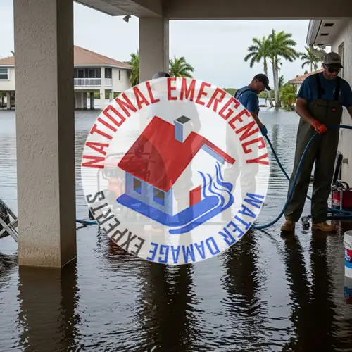 Water damage restoration technicians from National Emergency Water Damage Experts (NEWDES) working in flooded residential area in Canal Point, FL, logo overlay, emphasizing emergency response services.