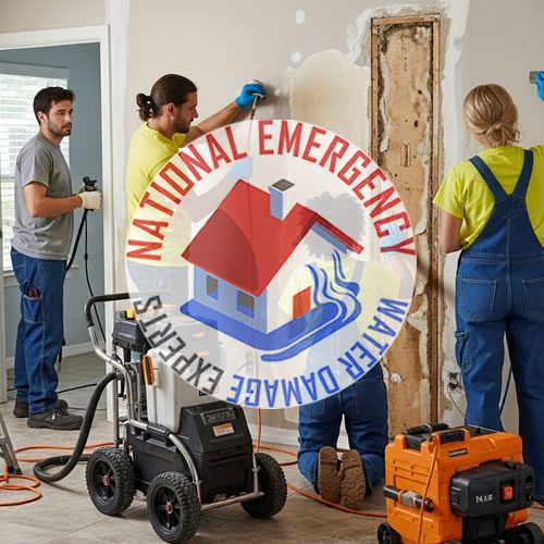 Workers from National Emergency Water Damage Experts performing water damage restoration in a home, featuring equipment for cleanup and repair.