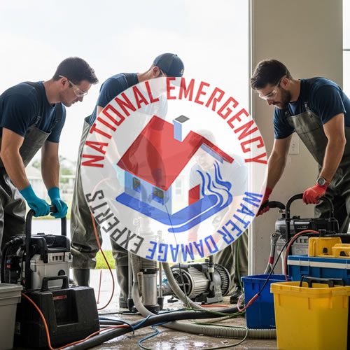 Two technicians from National Emergency Water Damage Experts using industrial-grade water extraction equipment for water removal and cleanup in a flooded area.