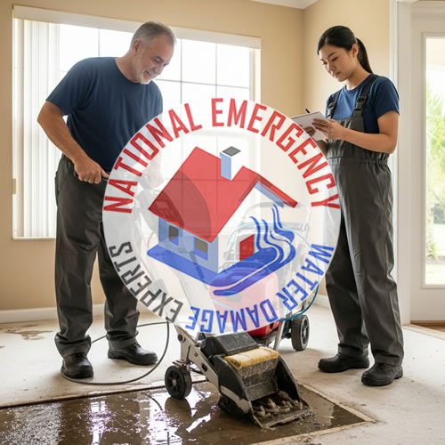 Water damage restoration professionals using equipment to remove water from a flooded indoor space, featuring the National Emergency Water Damage Experts logo prominently.