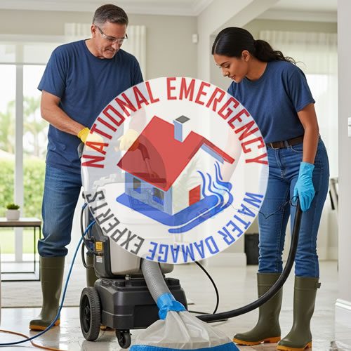 Technicians from National Emergency Water Damage Experts performing water removal and cleanup in a residential setting, showcasing emergency restoration services in Davie, FL.
