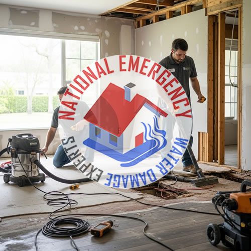 Water damage restoration professionals from National Emergency Water Damage Experts working in a Deerfield Beach home, using equipment to remove water and debris, with a logo overlay.