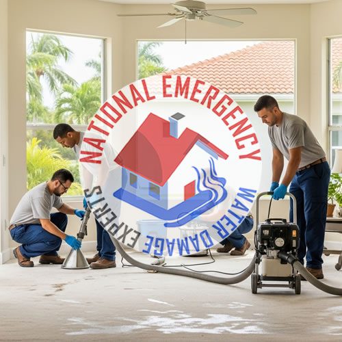 Water damage restoration professionals from National Emergency Water Damage Experts extracting water from carpet in a Delray Beach home, showcasing emergency response services.