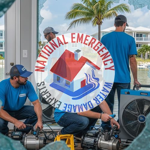 Two technicians from National Emergency Water Damage Experts operating drying equipment indoors, with a view of palm trees and waterfront in Gulf Stream, FL.