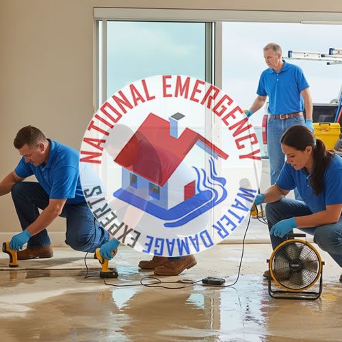 Water damage restoration team from National Emergency Water Damage Experts conducting cleanup in Hallandale Beach, featuring professionals using equipment to remove water from a flooded interior space.
