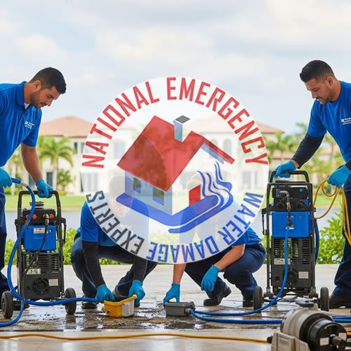 Team of water damage restoration experts using equipment for water removal in Hamptons at Boca Raton, featuring the National Emergency Water Damage Experts logo.
