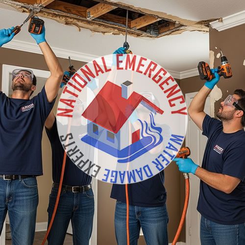 Team of water damage restoration professionals using tools to repair a ceiling, featuring National Emergency Water Damage Experts logo, in a Haverhill property.