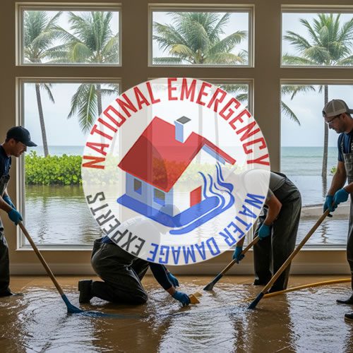 Team of water damage restoration experts removing water from a flooded interior in Highland Beach, FL, with the National Emergency Water Damage Experts logo prominently displayed.
