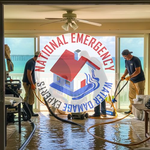 Water damage restoration technicians from National Emergency Water Damage Experts working to remove water from a flooded interior space in Juno Beach, showcasing emergency response services.