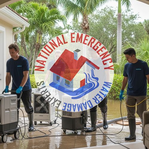 Two technicians in uniforms using water extraction equipment for emergency water damage restoration in a residential setting, featuring the National Emergency Water Damage Experts logo.