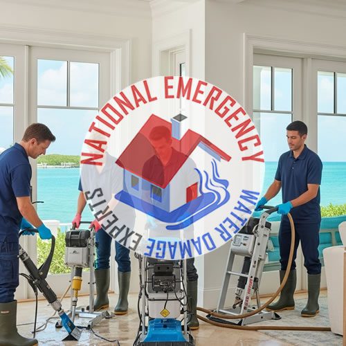 Two technicians using water extraction equipment in a coastal home, highlighting emergency water removal services by National Emergency Water Damage Experts in Jupiter Inlet Colony, FL.