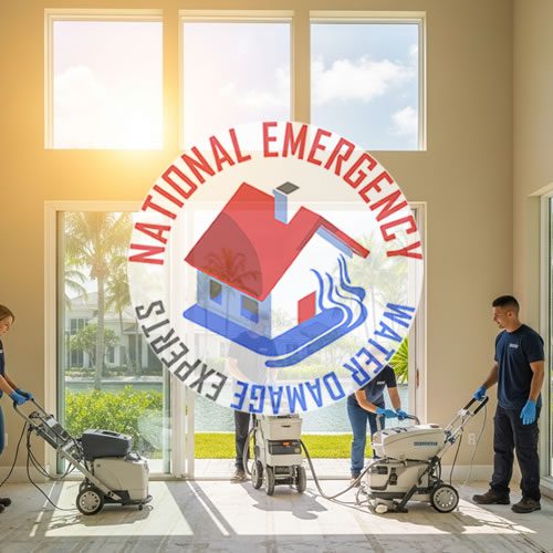 Water damage restoration team using professional equipment in a bright, spacious interior, featuring the National Emergency Water Damage Experts logo prominently in the center.