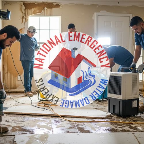 Water damage restoration team working in a flooded home in Kendale Lakes, featuring National Emergency Water Damage Experts logo, with equipment for water removal and cleanup.