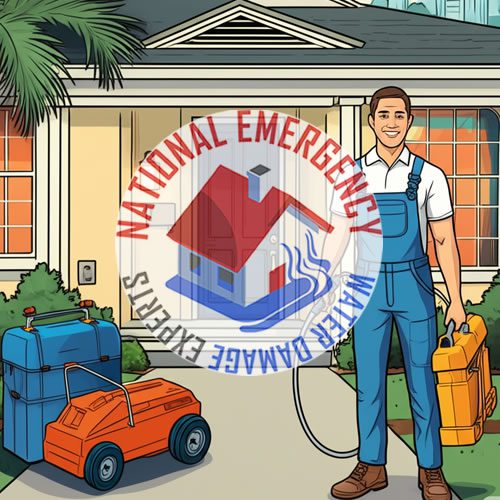 Man in overalls holding water removal equipment in front of a Key Biscayne home, featuring National Emergency Water Damage Experts logo, emphasizing emergency water damage restoration services.
