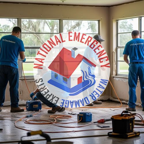 Workers from National Emergency Water Damage Experts performing water damage restoration in a LaBelle home, featuring equipment and an emphasis on emergency service.