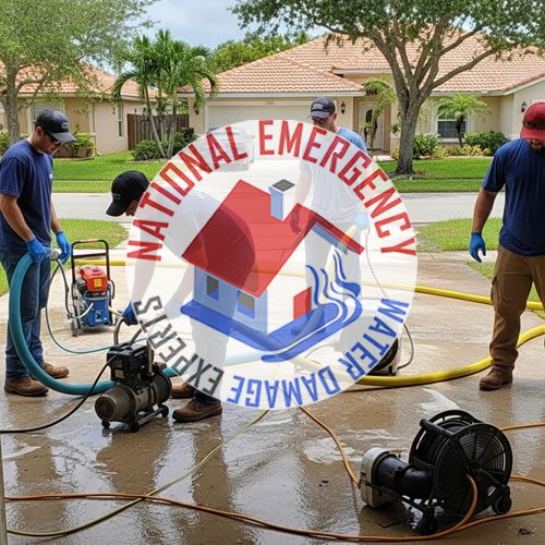 Workers using water extraction equipment for emergency water damage restoration in Lake Park, FL, featuring National Emergency Water Damage Experts logo.