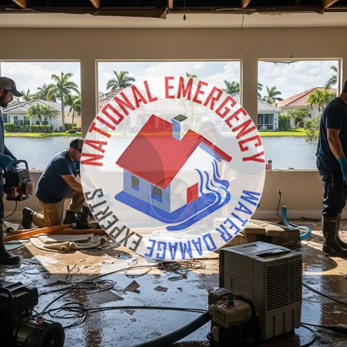 Workers from National Emergency Water Damage Experts performing water damage restoration in a flooded home in Lantana, Florida, with visible tools and equipment.