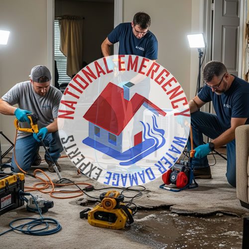 Technicians from National Emergency Water Damage Experts performing water removal and cleanup in a residential setting, featuring tools and equipment for emergency water damage restoration.