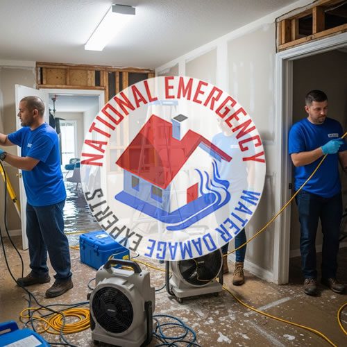 Technicians from National Emergency Water Damage Experts performing water removal and cleanup in a flooded home in Lauderdale Lakes, FL, with equipment and logo prominently displayed.