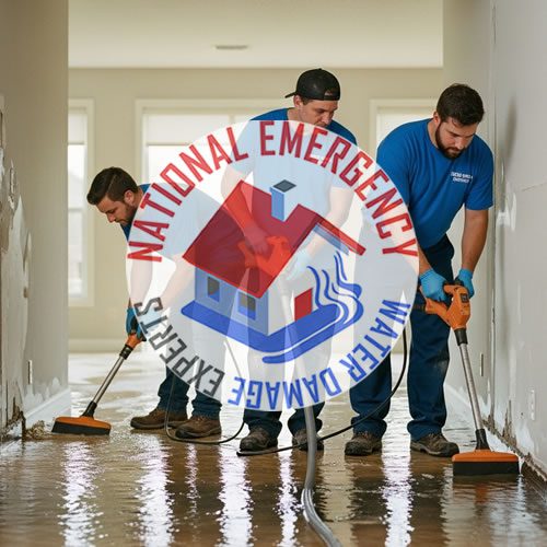 Three technicians from National Emergency Water Damage Experts using equipment to remove water from a flooded hallway, with the company's logo prominently displayed in the center.