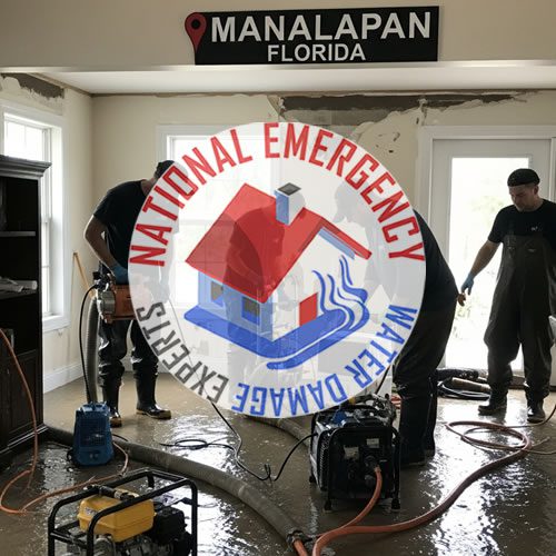 Two technicians performing water removal and cleanup services in a Manalapan home, featuring water extraction equipment and visible water damage, with a sign indicating "Manalapan, Florida" in the background.