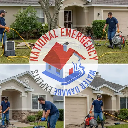 Water damage restoration technicians using equipment outside a residential property in Mangonia Park, FL, with National Emergency Water Damage Experts logo prominently displayed.