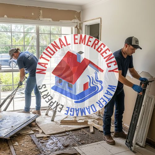 Water damage restoration in Margate, FL, featuring technicians removing damaged materials, with National Emergency Water Damage Experts logo prominently displayed.