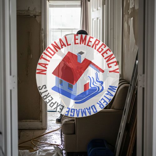 Water damage restoration scene in Miami Gardens with National Emergency Water Damage Experts logo, showing a flooded room and cleanup efforts.
