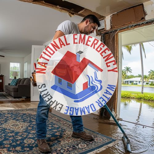 Water damage restoration technician using a squeegee to remove standing water in a flooded living room, featuring the National Emergency Water Damage Experts logo prominently in the foreground.