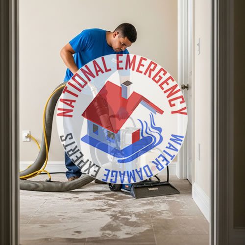 Water damage restoration technician using vacuum equipment in Miami Springs, with National Emergency Water Damage Experts logo prominently displayed.