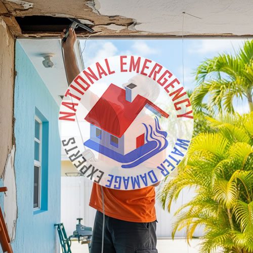 Water damage restoration expert working on ceiling repair in Miami, featuring National Emergency Water Damage Experts logo, with palm trees in the background.