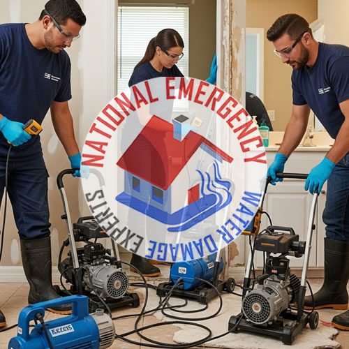 Emergency water damage restoration team using extraction equipment in a flooded bathroom, featuring the National Emergency Water Damage Experts logo.