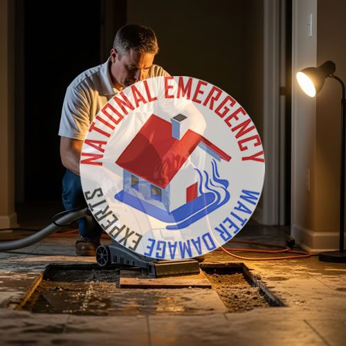 Water damage restoration technician using a vacuum to remove water from a damaged floor in a residential setting, featuring the National Emergency Water Damage Experts logo prominently.