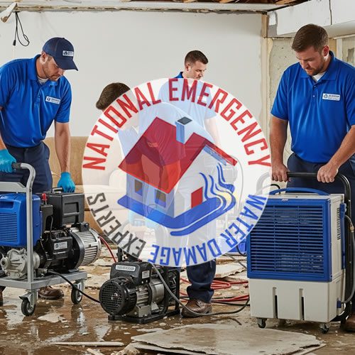 National Emergency Water Damage Experts team members using equipment for water damage restoration in a flooded area, emphasizing rapid response and professional service.