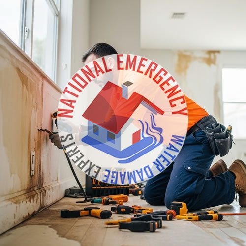 Water damage restoration technician working on wall repairs in North Miami Beach, surrounded by tools, with National Emergency Water Damage Experts logo prominently displayed.