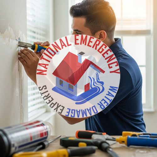 Man repairing wall damage with tools, featuring National Emergency Water Damage Experts logo, emphasizing water damage restoration services in North Miami.