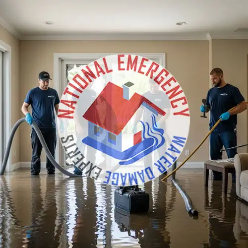 Two technicians from National Emergency Water Damage Experts performing water removal in a flooded living room, showcasing emergency water damage restoration services in North Palm Beach, FL.