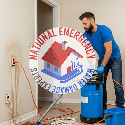 Water damage restoration technician using a wet/dry vacuum to remove water in a home, featuring National Emergency Water Damage Experts logo, highlighting rapid response services in Olympia Heights, FL.