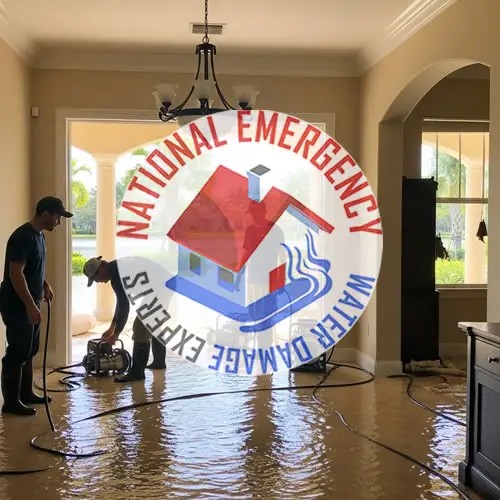Water damage restoration team from National Emergency Water Damage Experts working in flooded interior, featuring water extraction equipment and visible standing water on the floor.